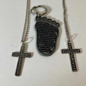 Mixed Lot of Christian Costume Jewelry Cross Necklaces, Key Chain Footprint Poem